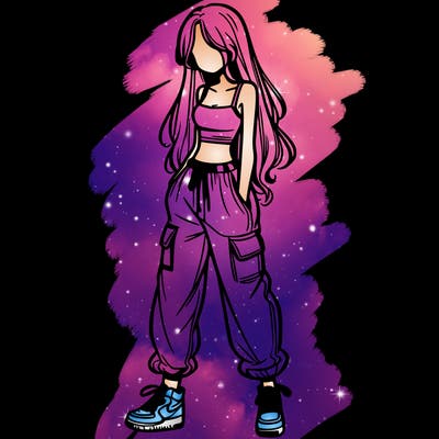 girl in baggy pants crop top and long hair