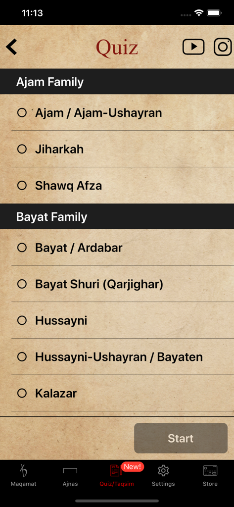 Maqamat Al-Arabiya - Quiz interface in the Maqamat Al-Arabiya app showing lists of maqams categorized by the Ajam and Bayat families