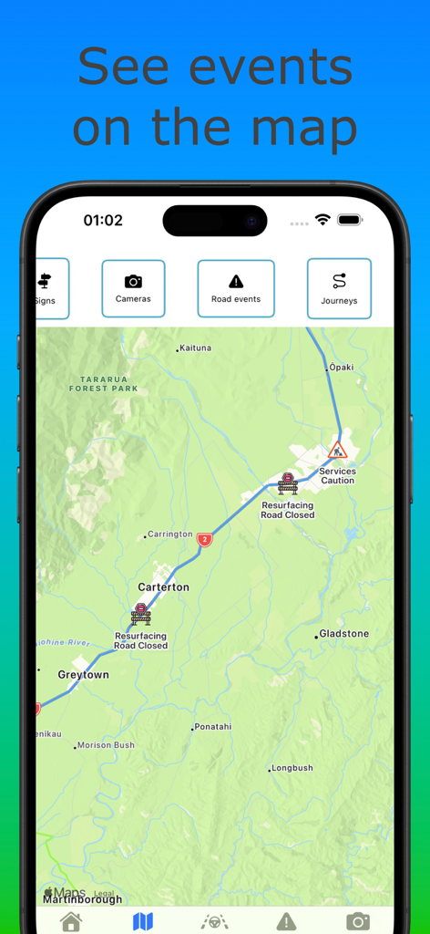 New Zealand Road Conditions - Un mapa interactivo que muestra cierres de carreteras en tiempo real y eventos de construcción en Nueva Zelanda.