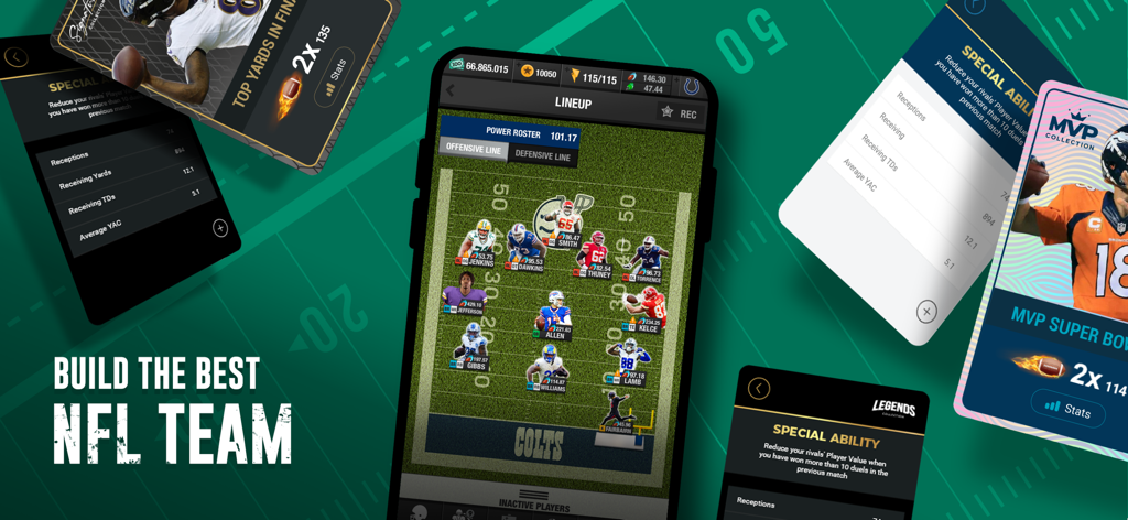 Interfaz de la aplicación Football Manager Mobile que muestra una alineación de jugadores de la NFL y tarjetas de estrategia