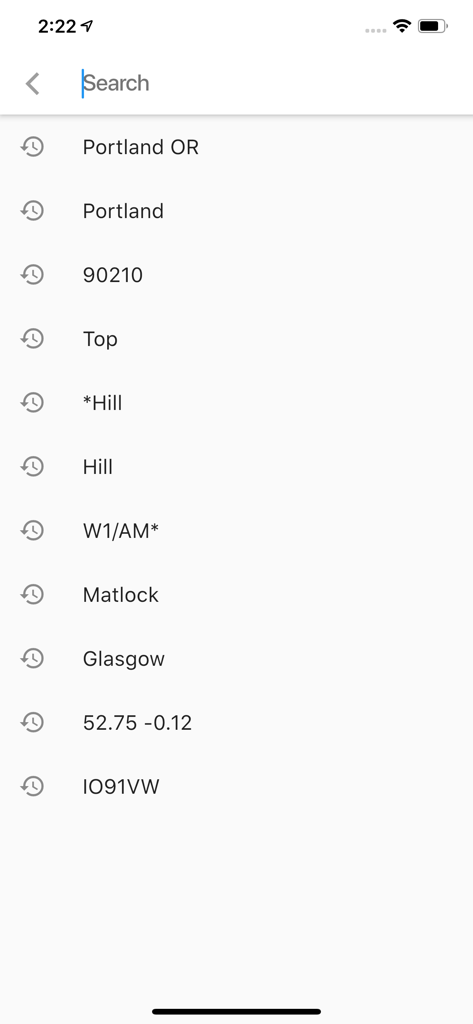 RepeaterBook - Search history screen in the RepeaterBook app showing various location and frequency queries