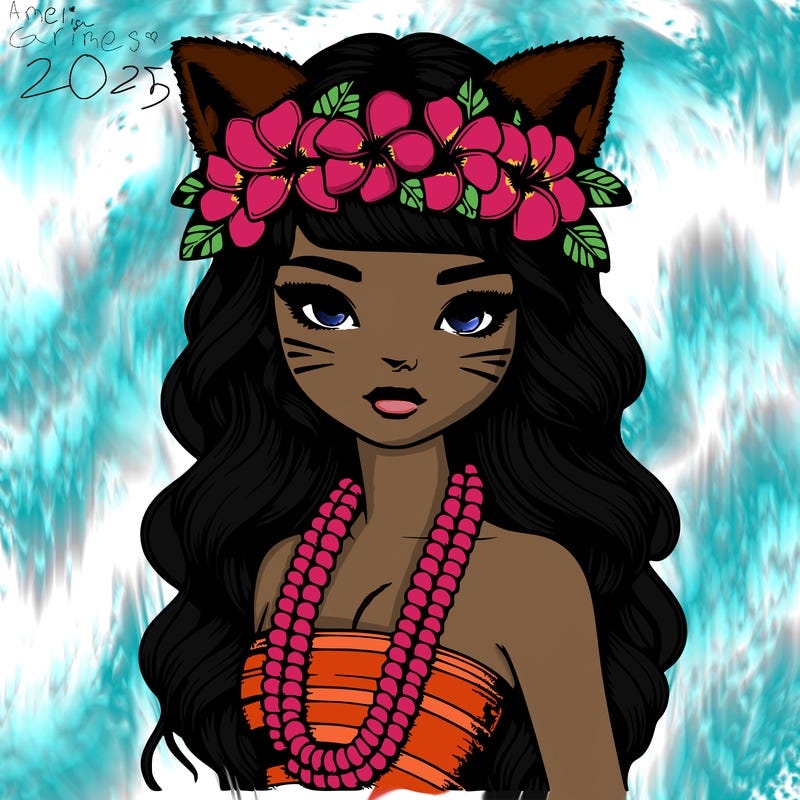 realistic hawaiian girl with haku lei,lips,long dress,cat ears and tail