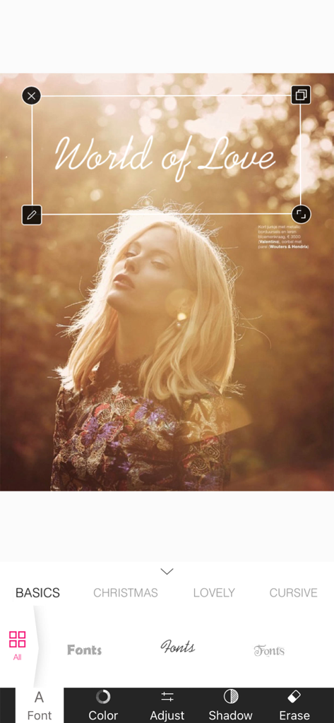 Picsee-Add text on photos - Picsee 앱 인터페이스에 타이포그래피 편집 도구와 함께 초상화 사진에 적용되는 필기체 폰트가 표시된 모습