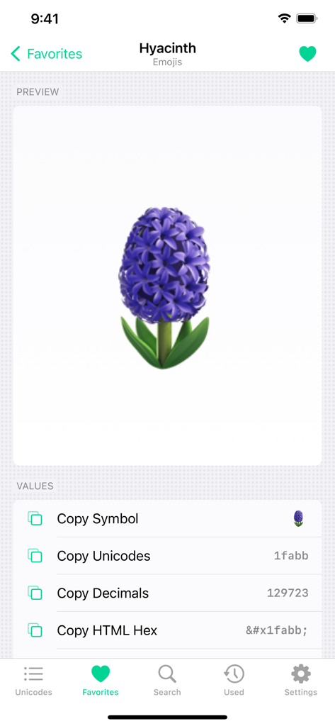 Interface do aplicativo Codepoint exibindo valores Unicode e Hex HTML para um emoji de jacinto