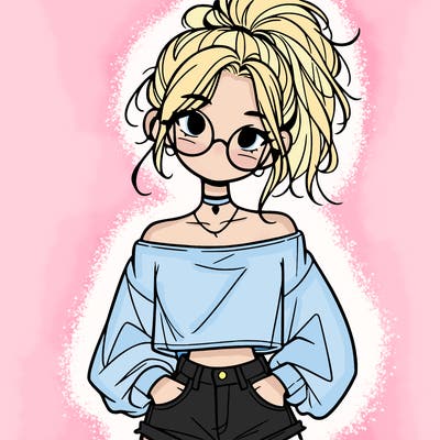 girl with a messy ponytail glasses a baggy crop top and jean shorts
