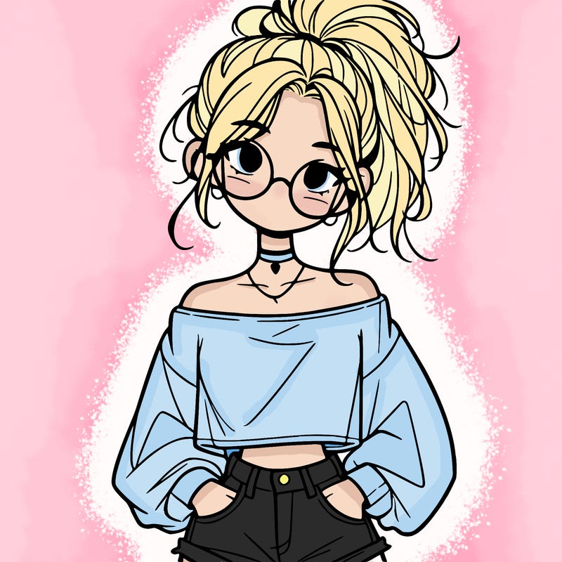 girl with a messy ponytail glasses a baggy crop top and jean shorts