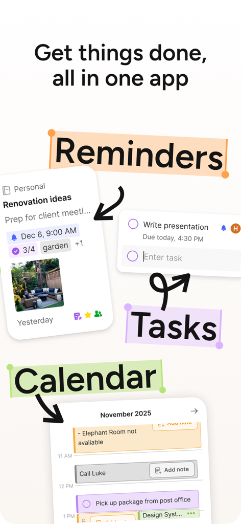 Evernote app interface showing integrated features for reminders tasks and a calendar schedule