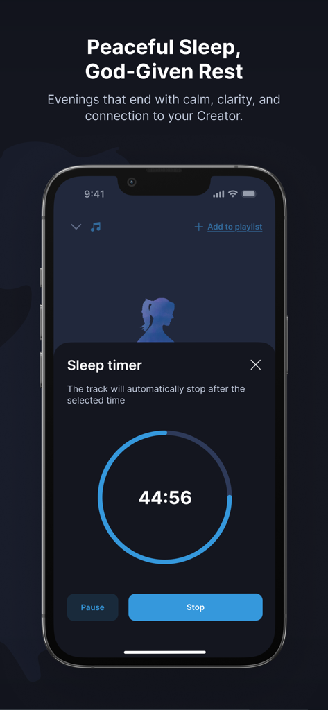 A smartphone screen showing the sleep timer interface within the Christian Hypnobirthing app for restful evenings