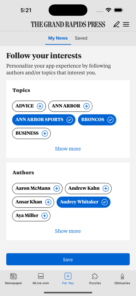 Grand Rapids Press - Grand Rapids Press app personalization screen showing options to follow news topics and specific authors