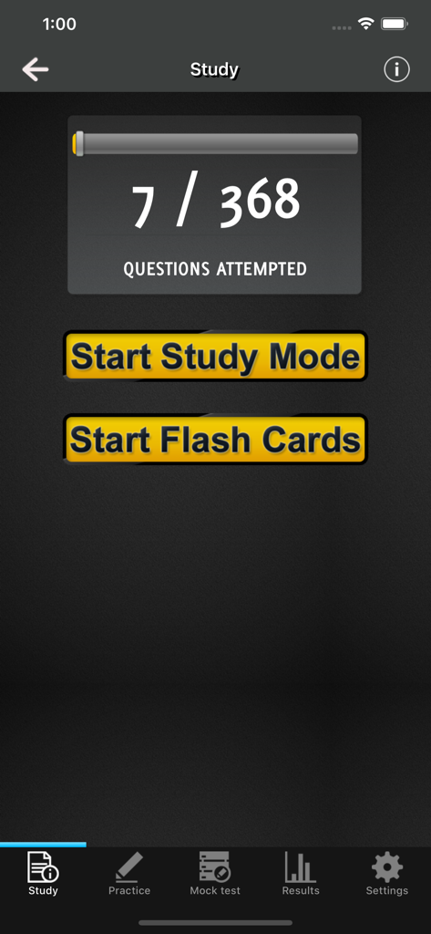 ECS Card Revision - Interface of the ECS Card Revision app showing progress in study mode and buttons to start study mode or flashcards.