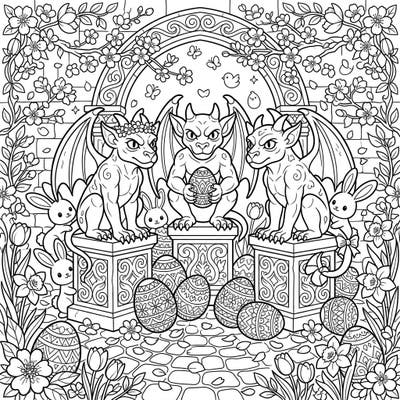 Step into an extraordinary Easter scene where vigilant guardian gargoyles oversee a vibrant spring celebration. This unique coloring page blends ancient protectors with cheerful bunnies, decorated eggs, and blooming flowers, offering a delightful and detailed artistic challenge.