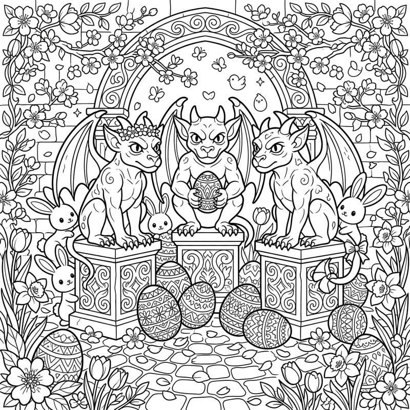 Step into an extraordinary Easter scene where vigilant guardian gargoyles oversee a vibrant spring celebration. This unique coloring page blends ancient protectors with cheerful bunnies, decorated eggs, and blooming flowers, offering a delightful and detailed artistic challenge.