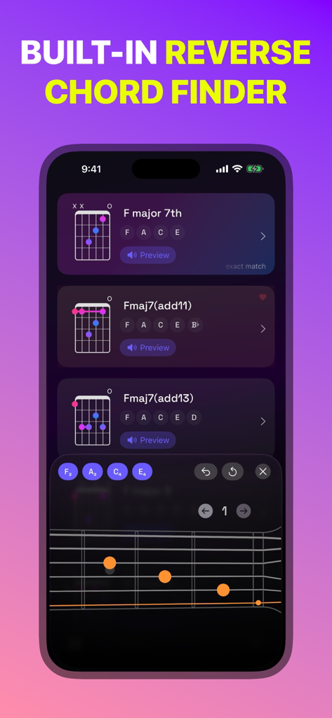 Guitar Wiz app screen showing the reverse chord finder feature with a virtual fretboard to identify guitar chords