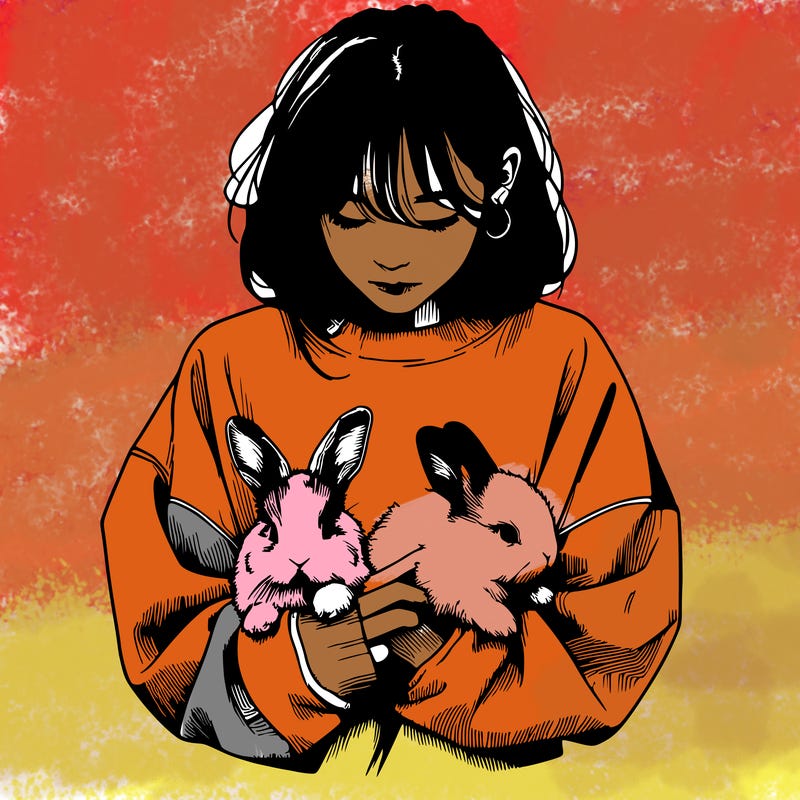 realistic girl with messy bunny baggy sweatshirt and holding bunnies