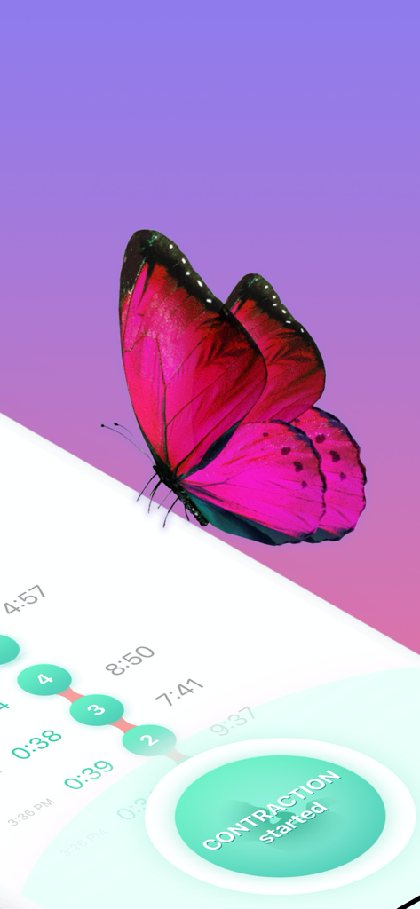 Contraction Timer & Counter 9m - Primer plano de la interfaz de la aplicación Contraction Timer 9m con una vibrante mariposa rosa y un botón de color verde azulado para comenzar a registrar el parto