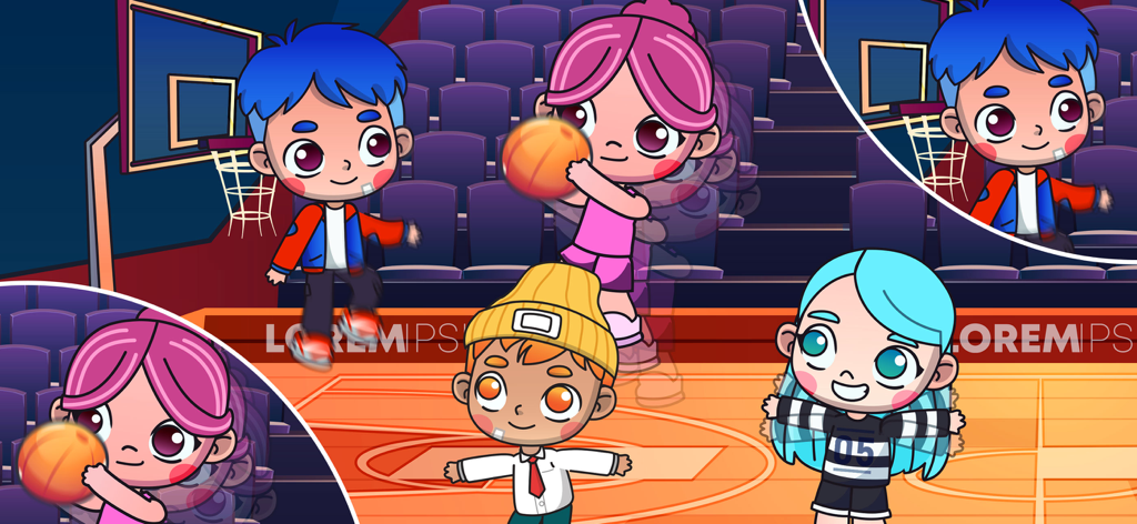 PlayWorld: Create Your Story - Cartoon characters playing basketball on an indoor court in the PlayWorld app