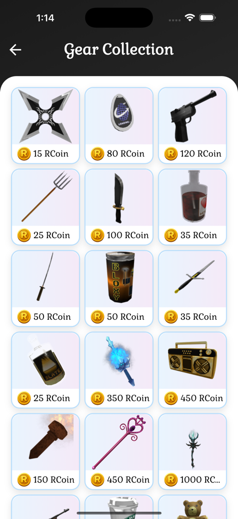 Avatar Skin Master For Roblox - A list of items in the gear collection for Roblox avatars with prices in RCoin