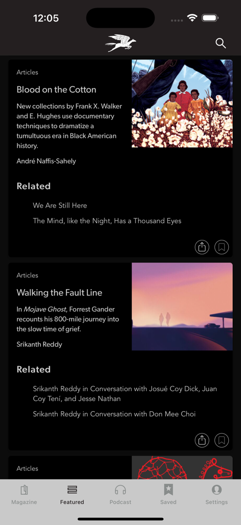 A screenshot of the Poetry Magazine app featured section showing curated articles and literary reviews on a dark themed interface.