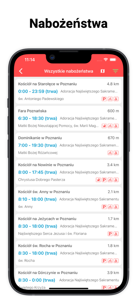 Drogowskaz - A list of church services and adoration times for various parishes in the Drogowskaz app.