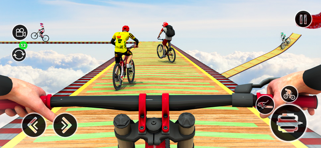 BMX Rider: Cycle Stunt Game - First person view of a BMX bike racing on a sky high wooden track above the clouds