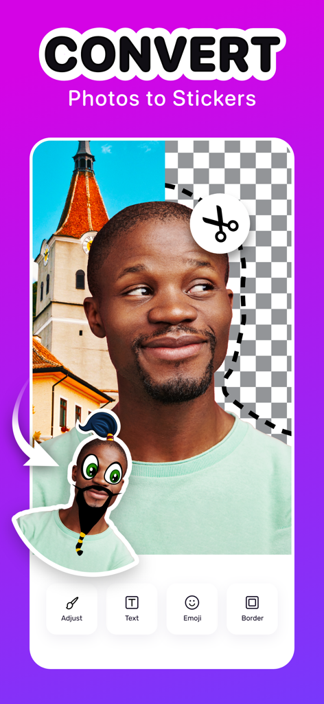 An interface of the Sticker Maker Hub app showing the conversion of a portrait photo into a custom digital sticker with cut-out and editing tools.