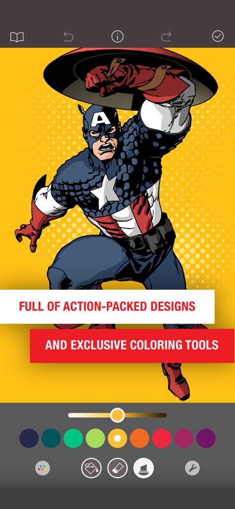 Captain America superhero coloring page with digital art tools in the Marvel Color Your Own app.