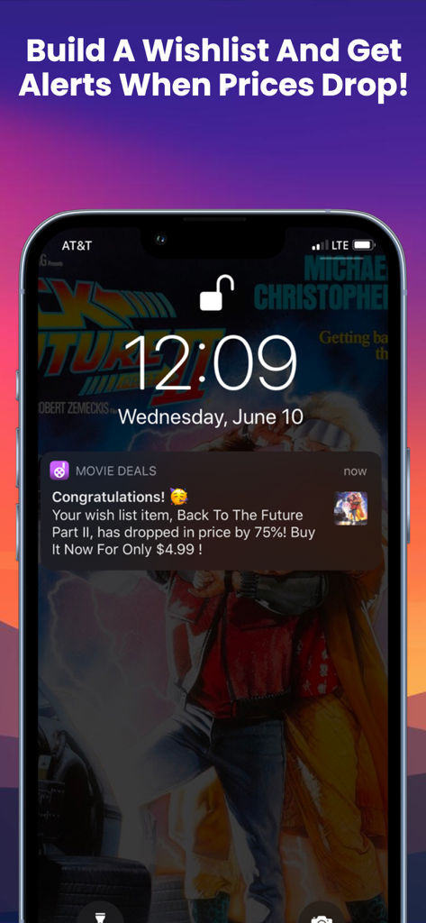 Movie Deals+ Discount App - Notificação de smartphone do aplicativo Movie Deals mostrando uma queda de preço de 75% em um filme da lista de desejos