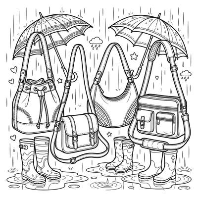 Embrace the charm of a rainy day with this unique coloring page featuring stylish shoulder bags and playful rain boots. It's the perfect way to add a touch of fashion and coziness to any downpour.