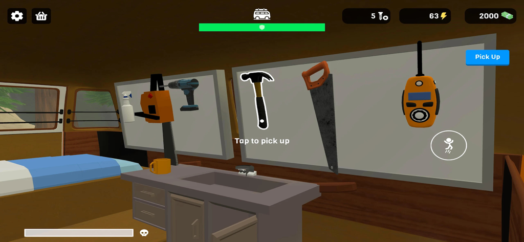 RV Camper Escape the Mountains - Innenansicht eines Wohnmobils, die eine Werkzeugtafel mit Hammer, Säge und Überlebensausrüstung zeigt.