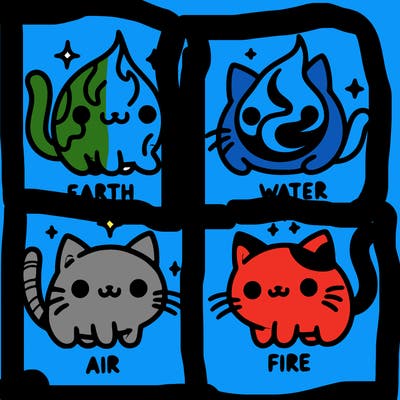 4 cats that represent the different elements, earth, water, air, and fire