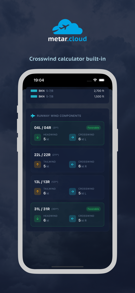 METAR Cloud - Interfaz de la aplicación METAR Cloud que muestra una calculadora de viento cruzado incorporada y componentes del viento en pista para entusiastas de la aviación