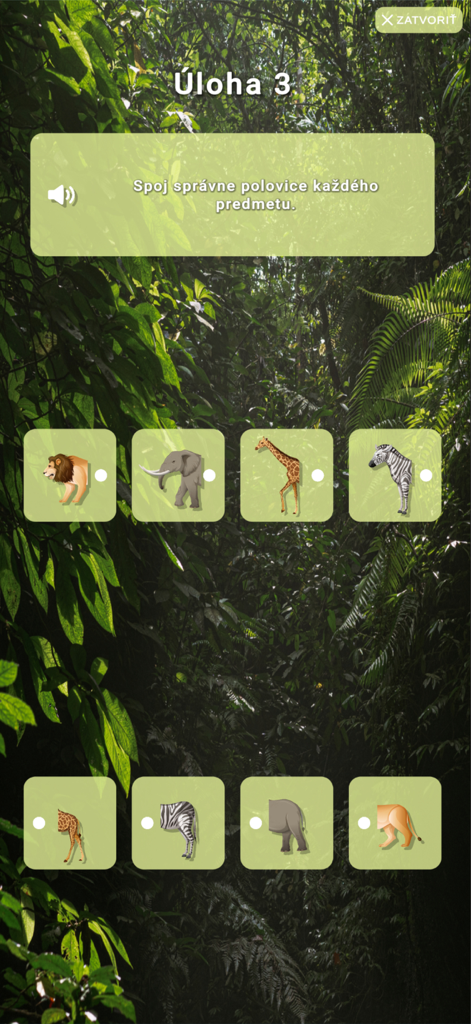 Mind-Fit - Un esercizio di abbinamento cognitivo nell'app Mind-Fit in cui gli utenti collegano le due metà di animali, tra cui un leone, un elefante, una giraffa e una zebra.