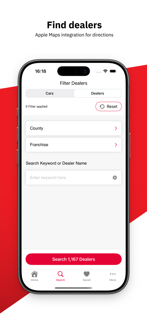Mobile app interface of CarsIreland showing dealer search filters including county and franchise options with a search button.