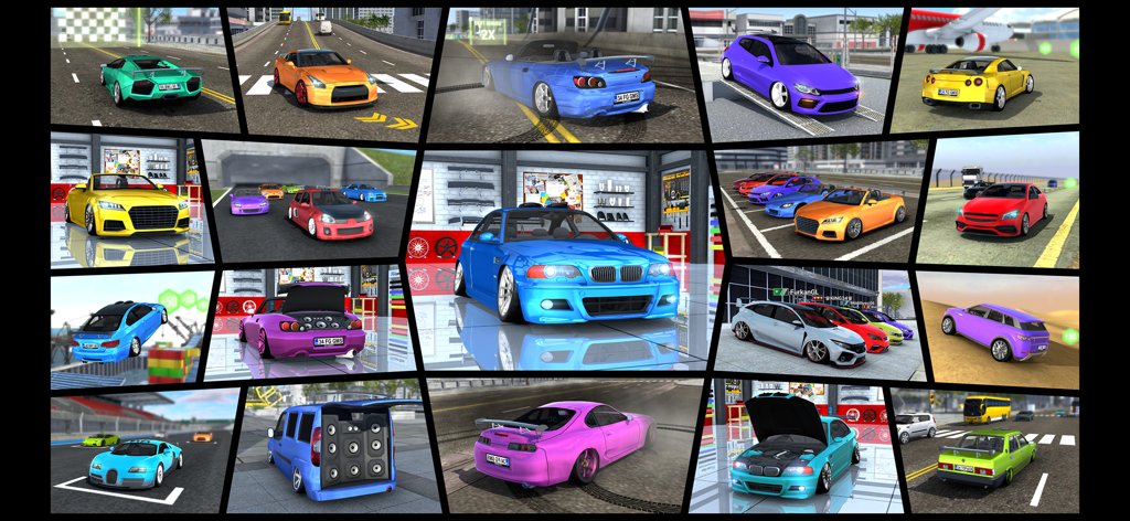 Un collage de capturas de pantalla del juego de Car Parking 3D Multiplayer que muestran coches personalizados en varios entornos de ciudad y garaje