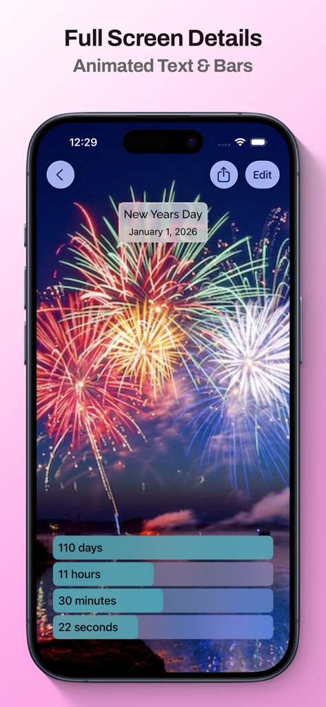 Countdown Days Since & Until - Full screen countdown to New Years Day 2026 with fireworks background and animated progress bars.