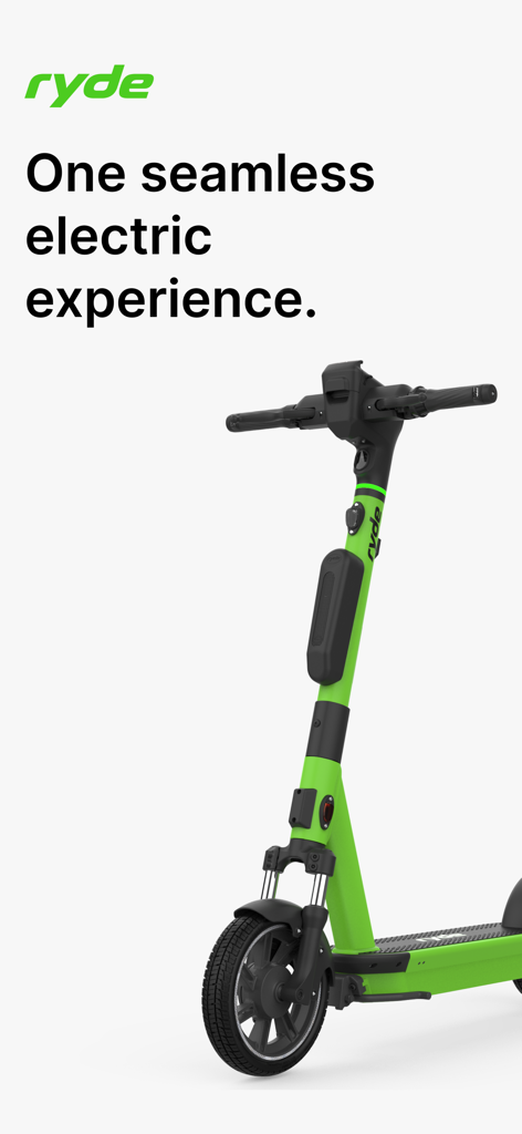 Ryde - Always nearby - Une trottinette électrique Ryde verte avec le texte Une expérience électrique transparente