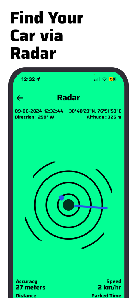 Radar tracking screen in the Find My Car app showing distance and coordinates