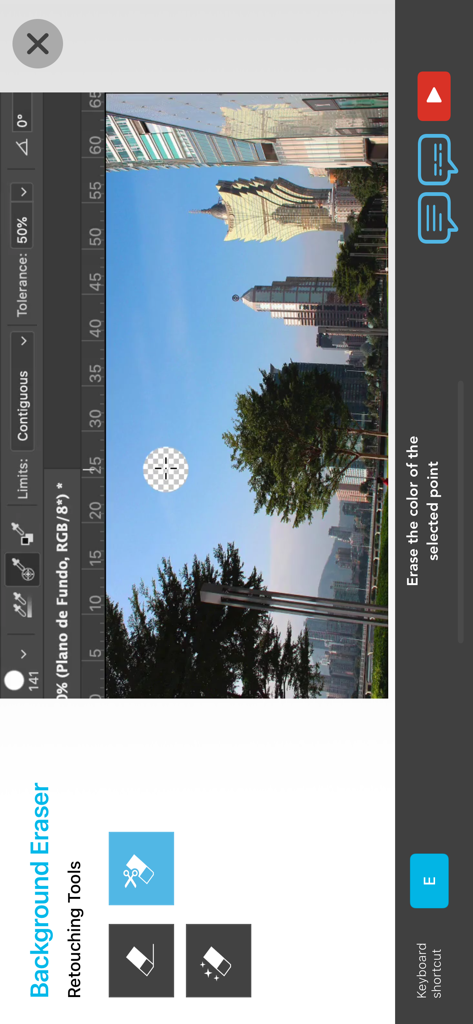 Learn Ps Tools - Tutorial-Bildschirm für das Photoshop-Radiergummi für Hintergründe in der Learn Ps Tools App mit einer Video-Demo und Tastenkombinationen.