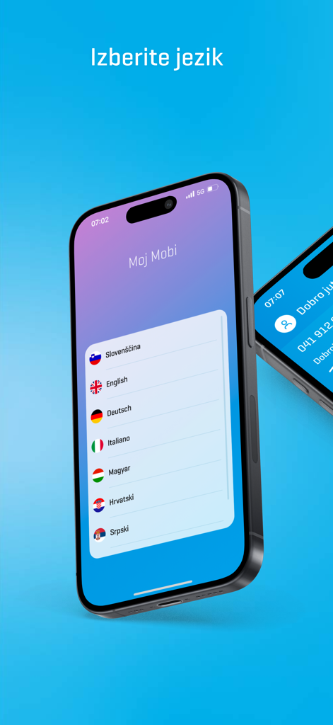 Moj Mobi - Language selection screen in the Moj Mobi app showing options for Slovenian, English, and other European languages.