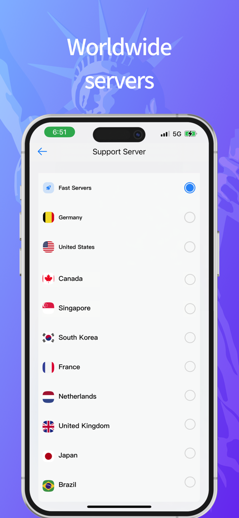 VPN FIy - 보안 국제 네트워크 액세스를 위한 글로벌 프록시 서버 목록을 보여주는 VPN Fly 앱