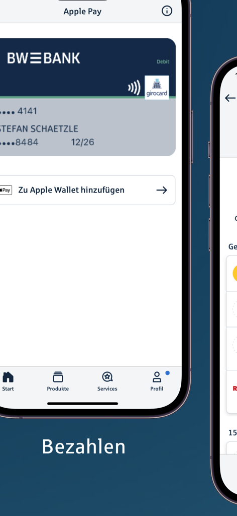 Interface do aplicativo móvel BW-Bank mostrando integração do Apple Pay para um girocard.