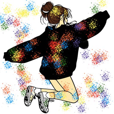 realistic girl jumping with a bun and oversized sweatshirt
