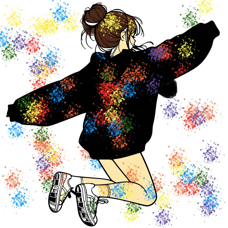 realistic girl jumping with a bun and oversized sweatshirt