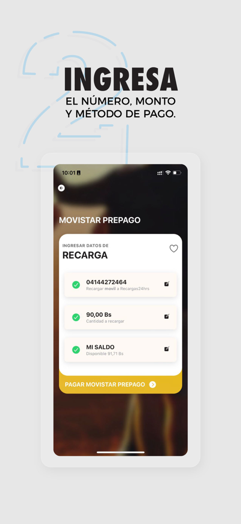 Recargas24hrs - Interfaz de la app Recargas24hrs mostrando los pasos para recargar una línea prepagada de Movistar en Venezuela