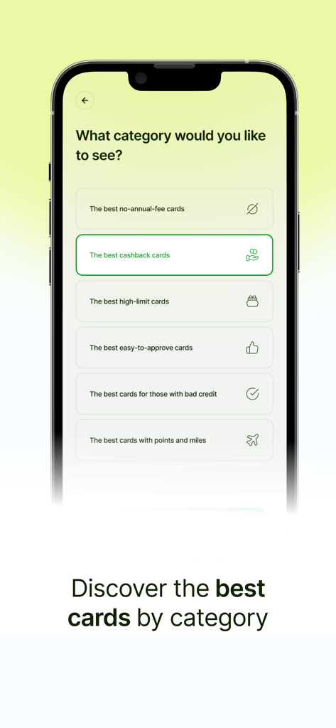 A mobile screen showing credit card categories in the Aprov app including cashback and no annual fee options