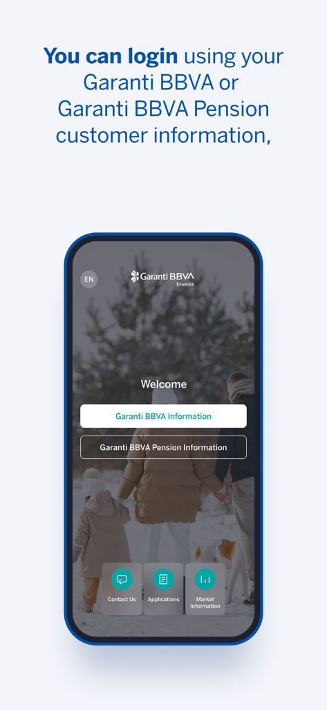 Garanti BBVA Emeklilik Mobile - Écran de connexion de l'application Garanti BBVA Emeklilik Mobile avec options de retraite et bancaires