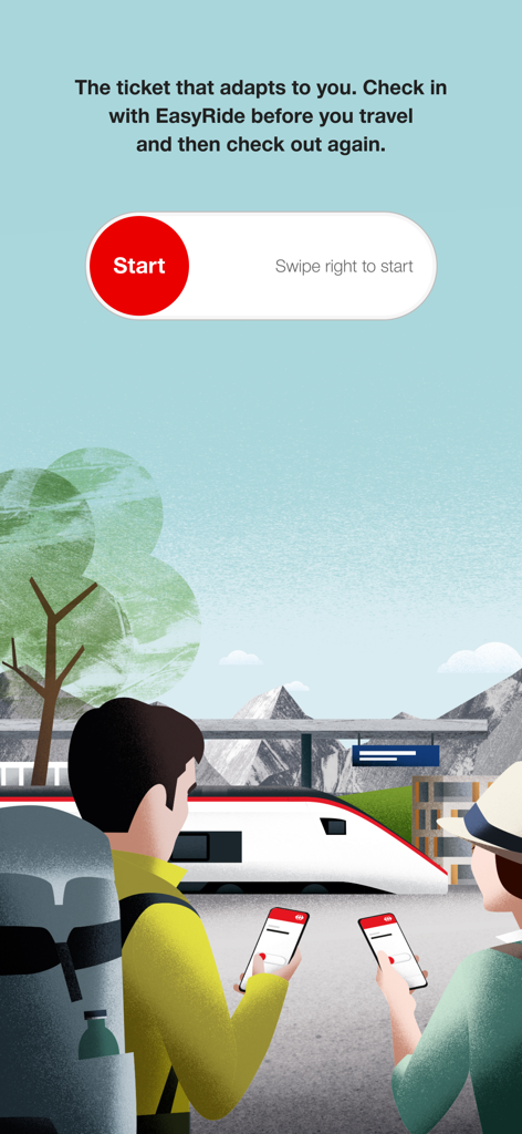 SBB Mobile EasyRide feature showing a swipe-to-start slider for seamless train travel check-in.