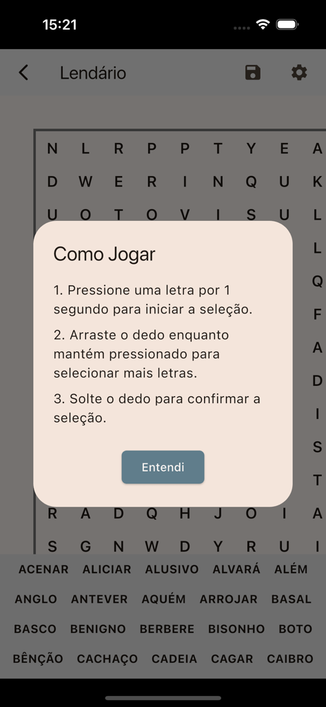 「難易度MAX！クロスワードパズル」ワードサーチアプリでのプレイ方法と文字の選択方法を説明するポルトガル語のチュートリアルポップアップ。