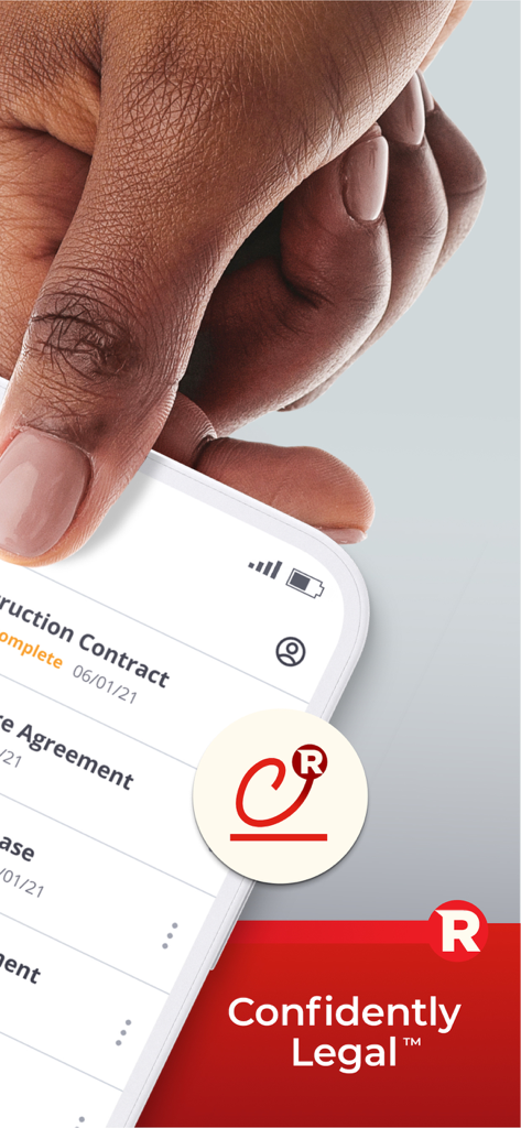 Rocket Lawyer Legal & Law Help - A hand holding a smartphone showing a list of legal documents like contracts and agreements in the Rocket Lawyer app
