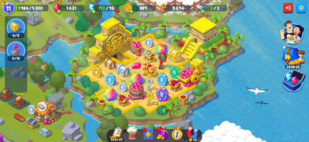 Castle Craft: Merge Quest - Jugabilidad de Castle Craft Merge Quest mostrando una cuadrícula de isla de acertijos con gemas, monedas y cofres del tesoro